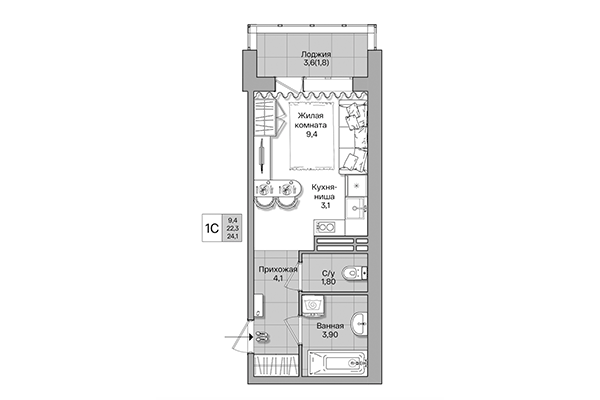 Студия 24,10 м² в Акация на Лежена. Планировка