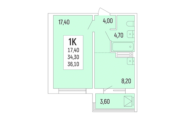 1-комнатная квартира 36,10 м² в Акация на Лежена. Планировка