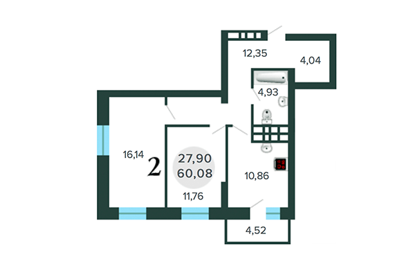 2-комнатная квартира 60,08 м² в ЖК Оазис. Планировка