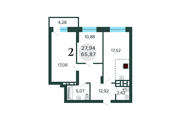 2-комнатная квартира 65,87 м² в ЖК Оазис. Планировка