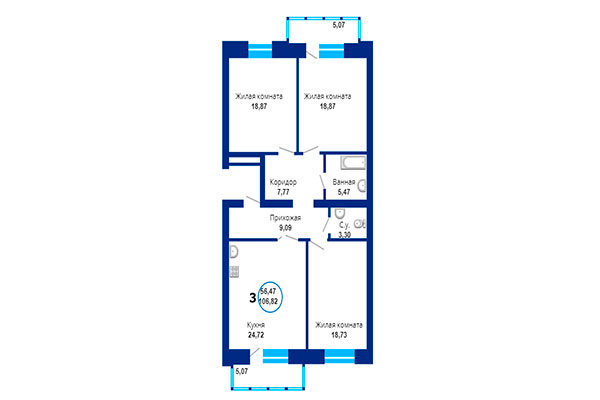 3-комнатная квартира 106,82 м² в ЖК Бавария. Планировка