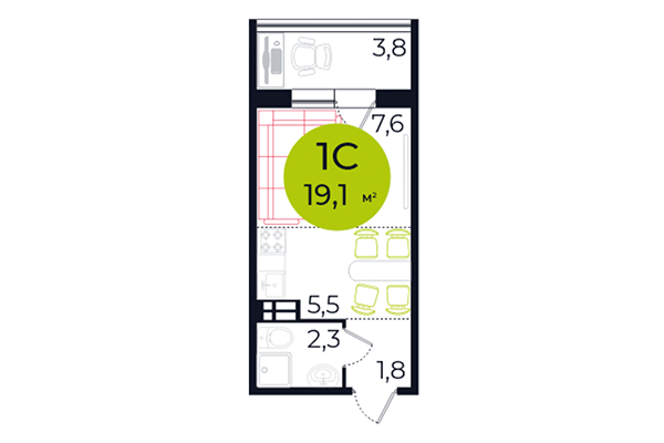 Студия 19,10 м² в ЖК Весна. Планировка