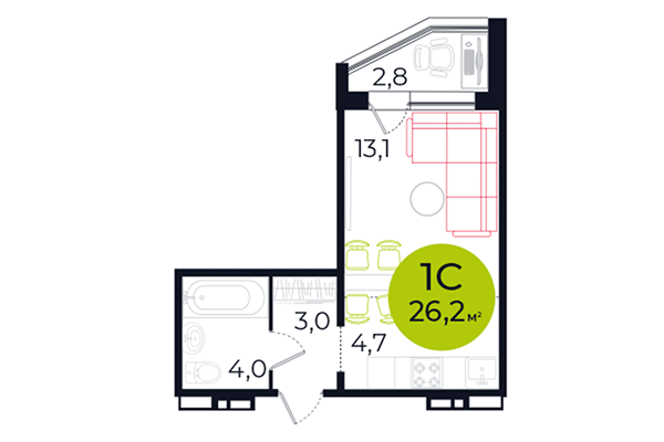 Студия 26,20 м² в ЖК Весна. Планировка