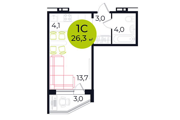 Студия 26,30 м² в ЖК Весна. Планировка