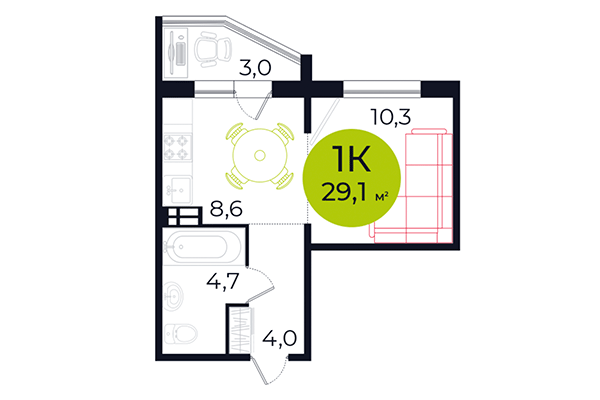 1-комнатная квартира 29,10 м² в ЖК Весна. Планировка