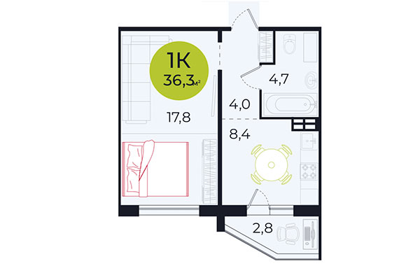 1-комнатная квартира 36,30 м² в ЖК Весна. Планировка