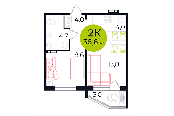 2-комнатная квартира 36,60 м² в ЖК Весна. Планировка