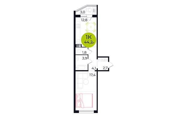 1-комнатная квартира 44,20 м² в ЖК Весна. Планировка