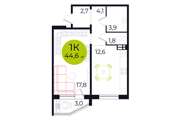 1-комнатная квартира 44,60 м² в ЖК Весна. Планировка