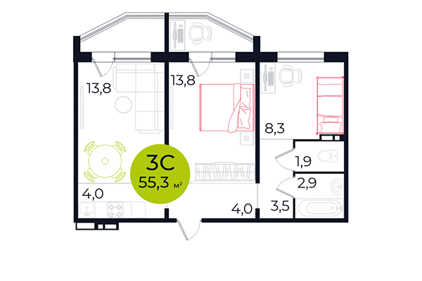 3-комнатная квартира 55,30 м² в ЖК Весна. Планировка