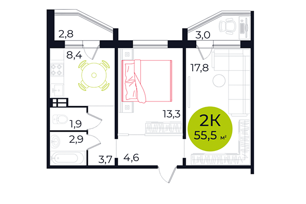 2-комнатная квартира 55,50 м² в ЖК Весна. Планировка