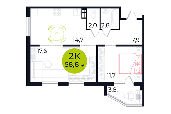 2-комнатная квартира 58,08 м² в ЖК Весна. Планировка