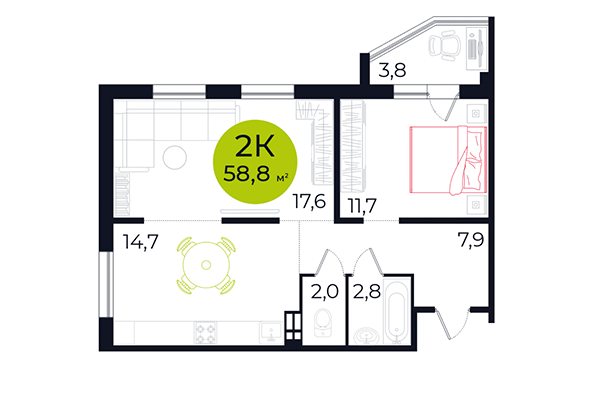 2-комнатная квартира 58,80 м² в ЖК Весна. Планировка