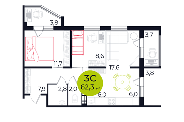 3-комнатная квартира 62,30 м² в ЖК Весна. Планировка