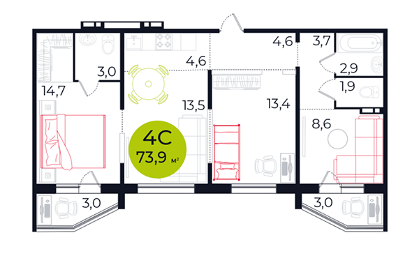 4-комнатная квартира 73,90 м² в ЖК Весна. Планировка