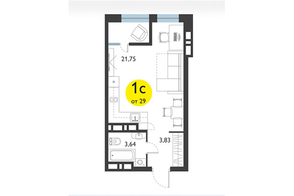 Студия 29,00 м² в ЖК Ясный берег. Планировка