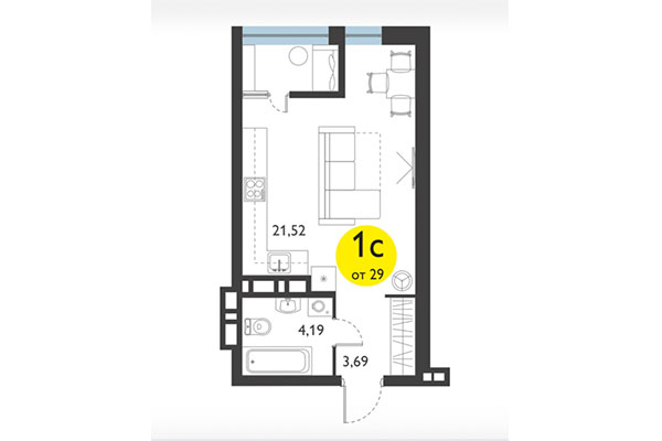 Студия 29,01 м² в ЖК Ясный берег. Планировка