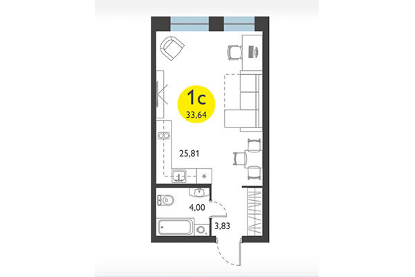 Студия 33,64 м² в ЖК Ясный берег. Планировка