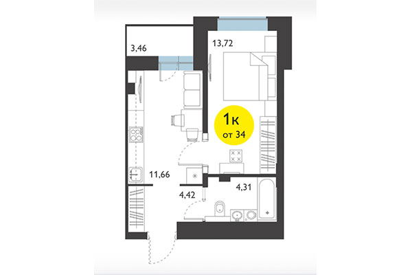 1-комнатная квартира 34,00 м² в ЖК Ясный берег. Планировка