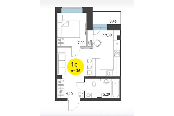 Студия 36,00 м² в ЖК Ясный берег. Планировка