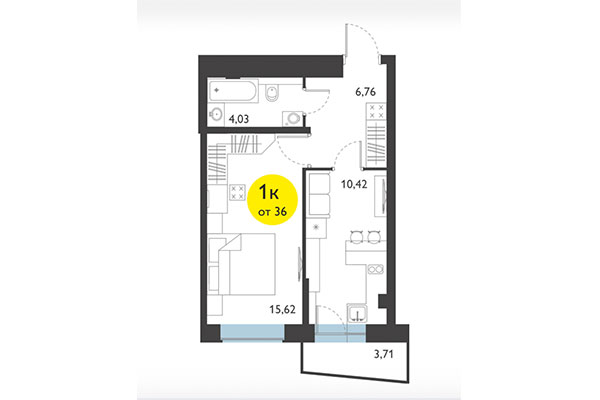 1-комнатная квартира 36,01 м² в ЖК Ясный берег. Планировка