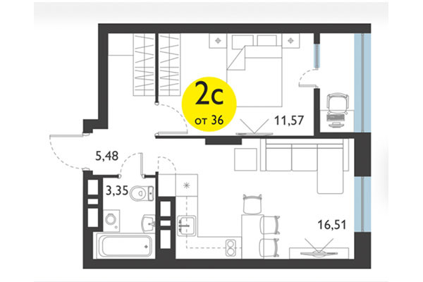 2-комнатная квартира 36,02 м² в ЖК Ясный берег. Планировка