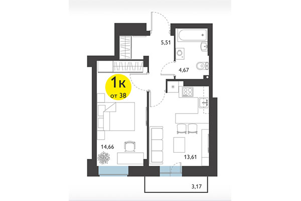 1-комнатная квартира 38,00 м² в ЖК Ясный берег. Планировка