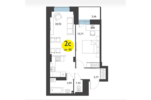 2-комнатная квартира 45,00 м² в ЖК Ясный берег. Планировка