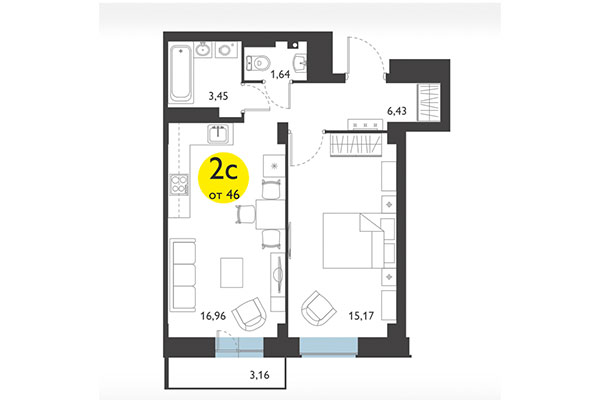 2-комнатная квартира 46,00 м² в ЖК Ясный берег. Планировка