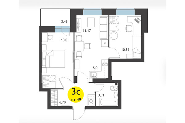 3-комнатная квартира 49,00 м² в ЖК Ясный берег. Планировка