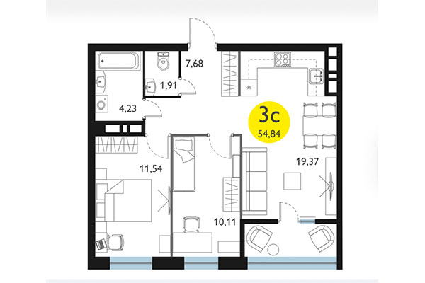 3-комнатная квартира 54,84 м² в ЖК Ясный берег. Планировка