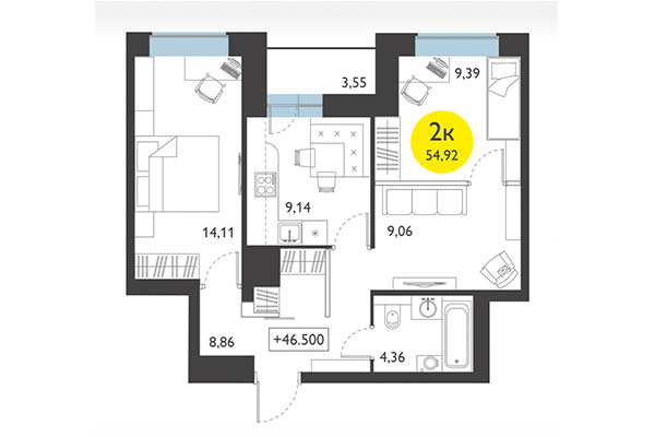 2-комнатная квартира 54,92 м² в ЖК Ясный берег. Планировка