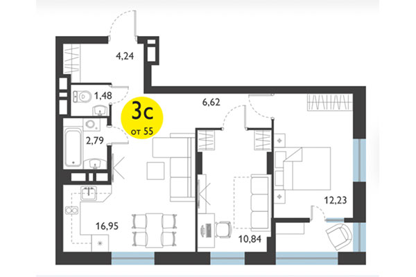 3-комнатная квартира 55,00 м² в ЖК Ясный берег. Планировка