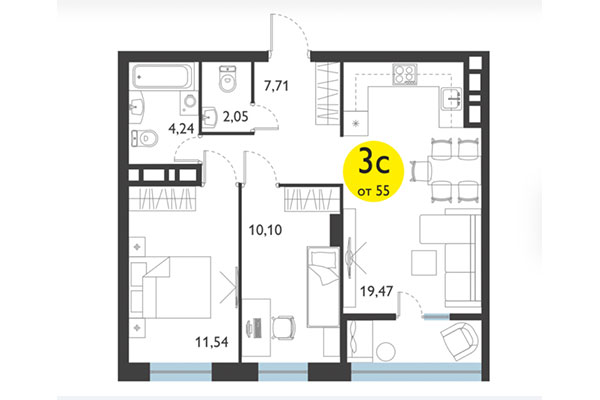 3-комнатная квартира 55,01 м² в ЖК Ясный берег. Планировка