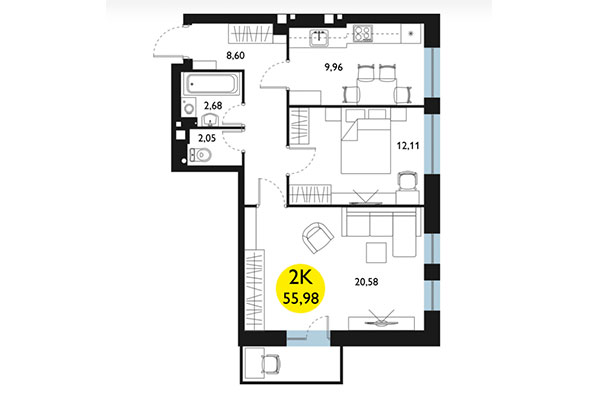 2-комнатная квартира 55,98 м² в ЖК Ясный берег. Планировка