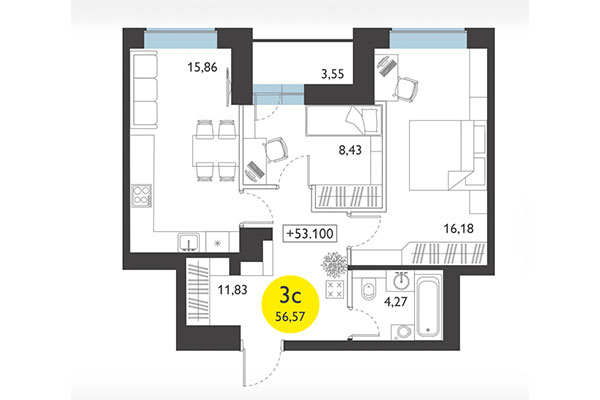 3-комнатная квартира 56,57 м² в ЖК Ясный берег. Планировка