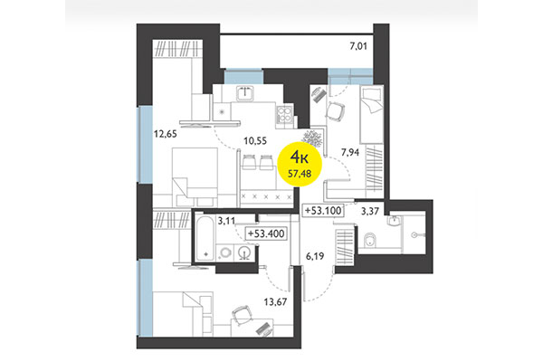 4-комнатная квартира 57,48 м² в ЖК Ясный берег. Планировка