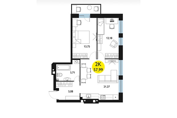 2-комнатная квартира 57,99 м² в ЖК Ясный берег. Планировка