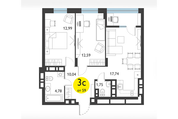 3-комнатная квартира 59,00 м² в ЖК Ясный берег. Планировка