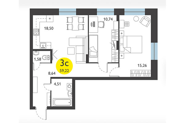 3-комнатная квартира 59,22 м² в ЖК Ясный берег. Планировка