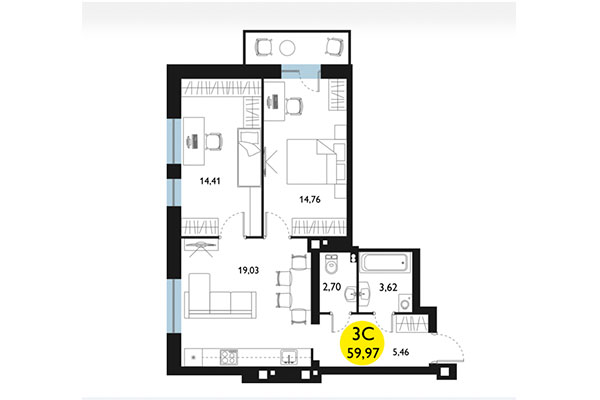 3-комнатная квартира 59,97 м² в ЖК Ясный берег. Планировка