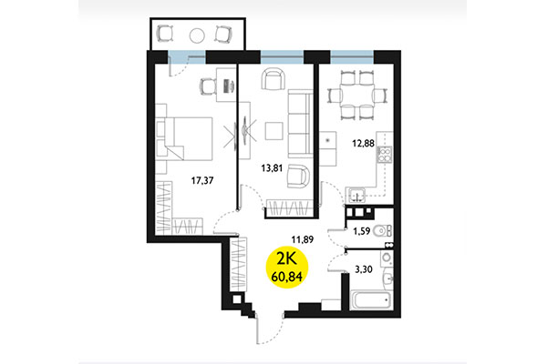 2-комнатная квартира 60,84 м² в ЖК Ясный берег. Планировка