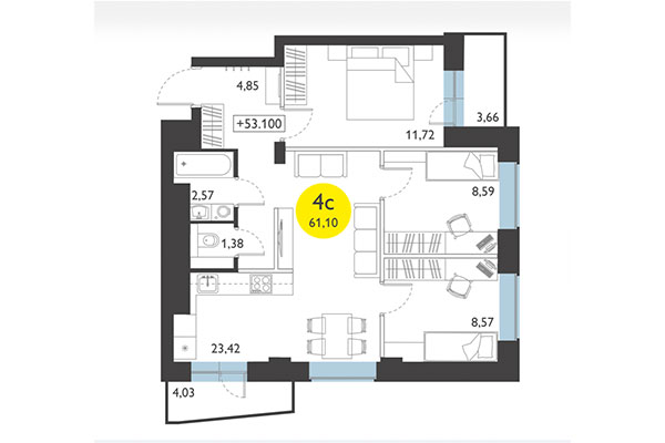 4-комнатная квартира 61,10 м² в ЖК Ясный берег. Планировка