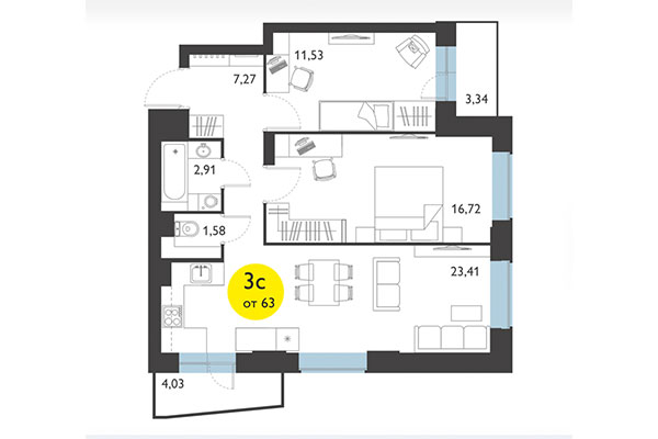 3-комнатная квартира 63,00 м² в ЖК Ясный берег. Планировка