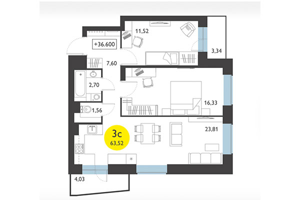 3-комнатная квартира 63,52 м² в ЖК Ясный берег. Планировка