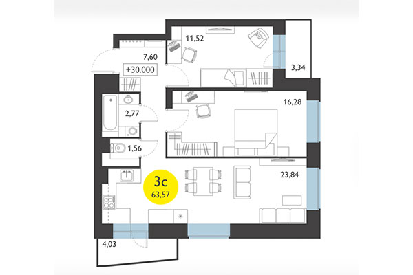 3-комнатная квартира 63,57 м² в ЖК Ясный берег. Планировка