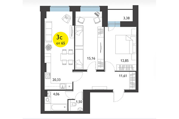 3-комнатная квартира 65,00 м² в ЖК Ясный берег. Планировка