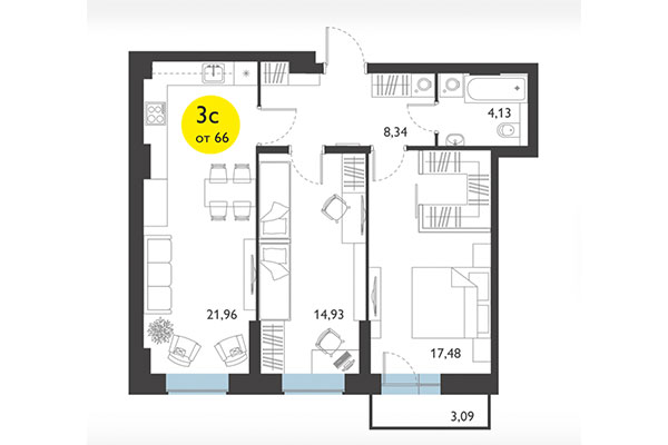 3-комнатная квартира 66,00 м² в ЖК Ясный берег. Планировка