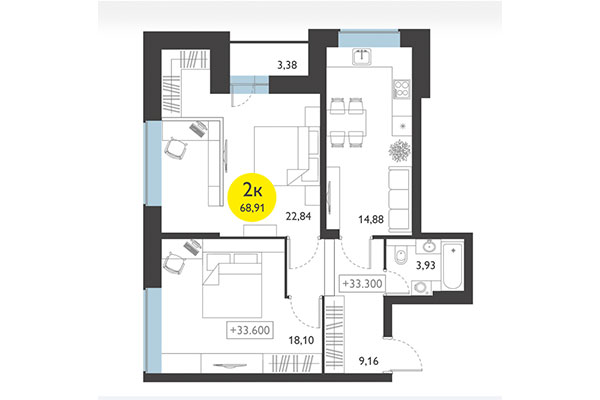 2-комнатная квартира 68,91 м² в ЖК Ясный берег. Планировка