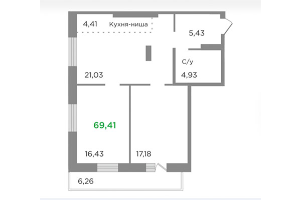 3-комнатная квартира 69,41 м² в ЖК Ясный берег. Планировка